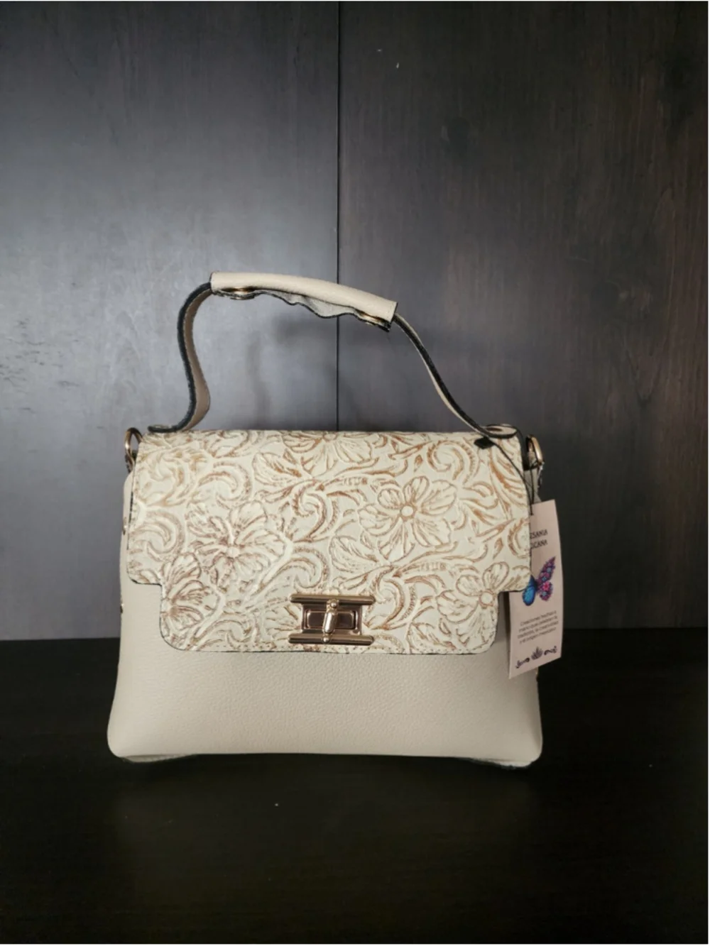 Off White Ivory Floral Studded Embossed Artisan LEATHER Purse Handbag Crossbody